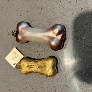 2 vintage handblown glass dog bone ornaments